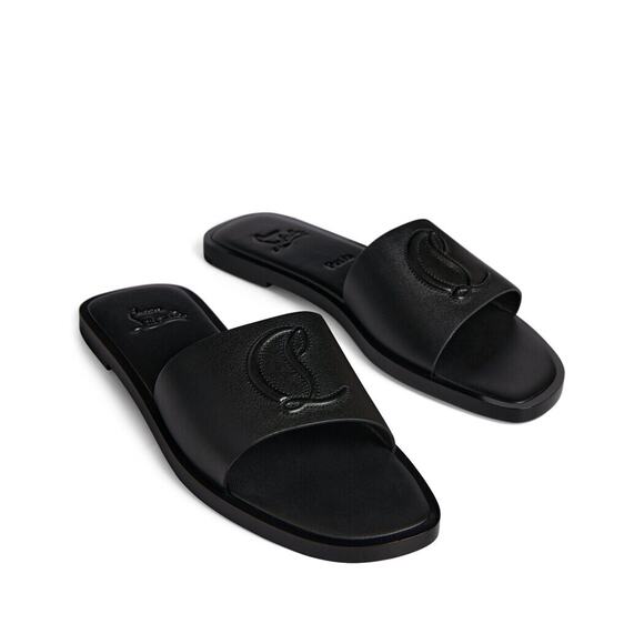 Christian Louboutin CL Mule Flat Black Leather Logo Slide Slip On Sandal 37.5 - Picture 7 of 16